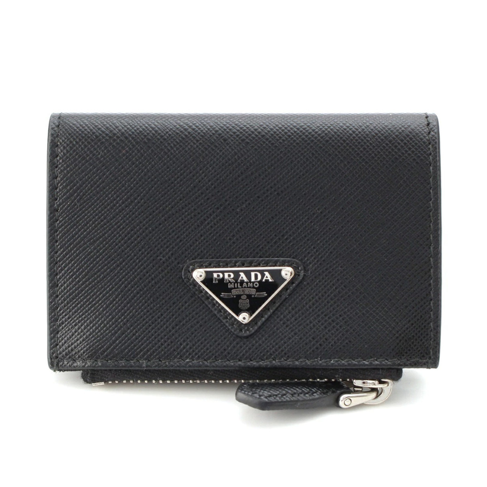 Prada Saffiano Triangle Plate coin case Wallet Black